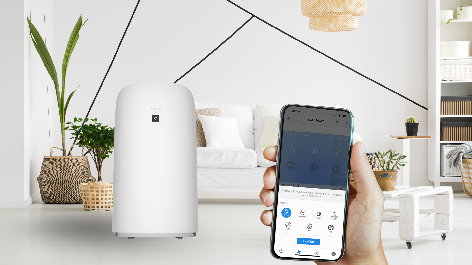 Air purifier in the living room showing the sharp air app usage