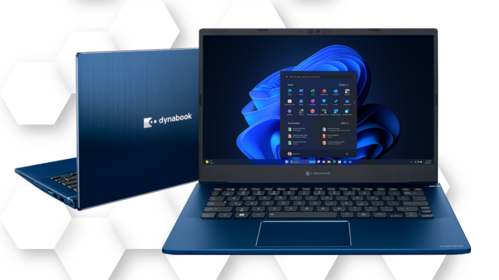 dynabook laptop with screen showing the windows and another laptop on an angle showing the dynabook logo